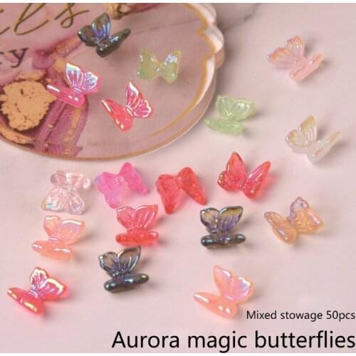 50Pcs 3D Resin Butterfly Nail Art Decorations Crystal Aurora Glitter Holographic Decals Charms Ornaments for Manicure DIY
