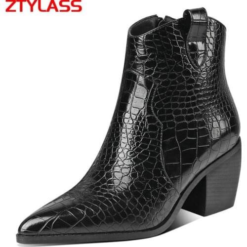 2021 Autumn Square High Heel Ankle Boots Women Boots Print Pu Western Boots Pointed Toe Zipper Winter Shoes Ladies Black Brown
