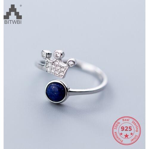Pure 925 Sterling Silver European American New Design Creative Concise Blue Zircon Crown Open Ring Fine Jewelry