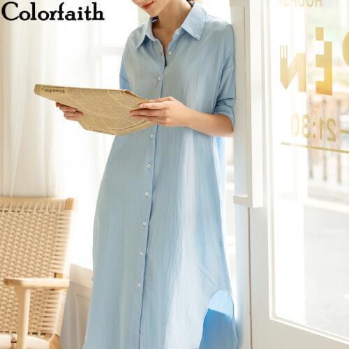 Colorfaith New 2021 Women Dresses Autumn Spring Loose Casual High Waist Straight Long Shirt Dress Solid Single Breasted DR8821