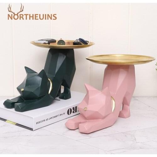 NORTHEUINS Resin Stretch Geometric Cat Storage Figurines For Interior Nordic Creative Animal Home Entrance Key Tray Decoration