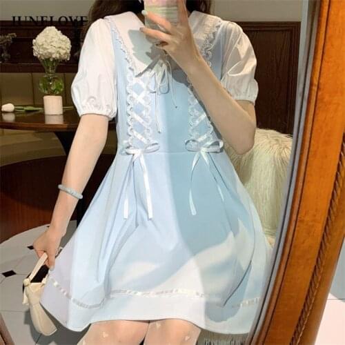 JuneLove Summer Kawaii Sweet Blue Suspender Dress Women Korean Elegant Cute Bow Ribbon Dresses High-waisted Dresses Women Casual