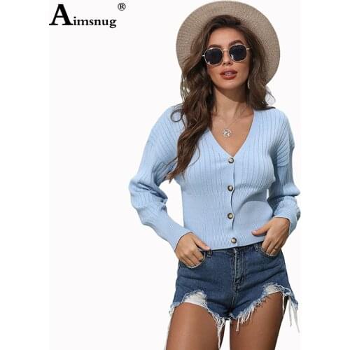 Aimsnug V-neck Single-Breasted Knitted Sweater Cardigan Women Slim Ribbed Winter Autumn Sweaters 2020 Female plus size Knitwear