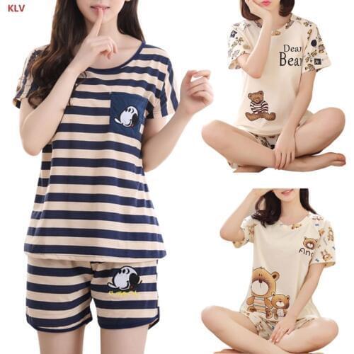 KLV Women Cartoon Pajamas Short Sleeve Cotton Pyjamas Set Home Nightwear Sleepsuit