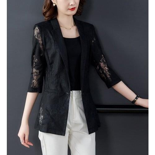 Lace Patchwork Women Tailored Coat 2021 Summer New Solid Slim Office Lady Elegant Work Blazers Fashion Outwear Coat Tops