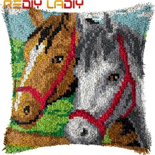 Latch Hook Cushion Two Horses Pre-Printed Canvas Cushion Front Acrylic Yarn Crochet Pillow Case Set Hobby & Crafts Home Decor