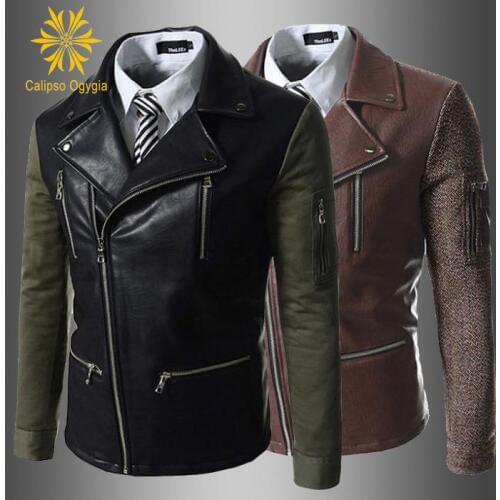 Calipso Ogyaia New Mens Punk Moto Denim Biker Jeans Leather Jacket Rock Patchwork Black Brown Denim Coats XXL COML77