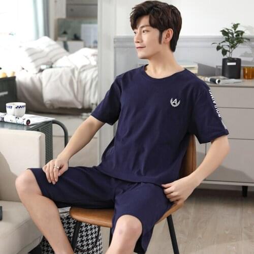 Plus Size L-4XL Men Cotton Pajamas Set Summer Short Sleeve Nightwear Sleepwear