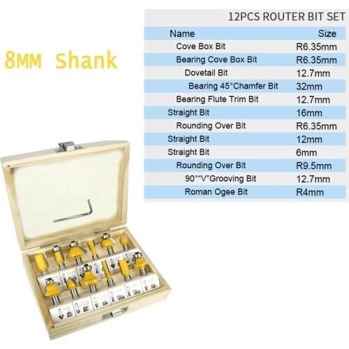 12pcs Milling Cutter Router Bit Set Flush 8mm Wood Cutter Shank Mill Woodworking Trimming Engraving Carving tools