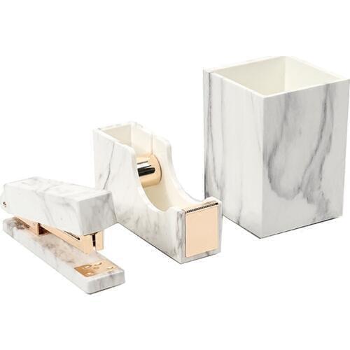 3 Pack Office Stationery Kit Marble Print Desk Pen Holder Cup, Tape Dispenser, Desktop Manual Staplers Gold Tone Stationery Set