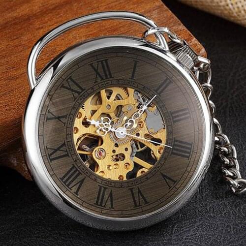 Retro Mechanical Pocket Watch Men Hand Winding Fob Watch Chain Silver Transparent Roman Numerals Dial Steampunk Necklace Pendant