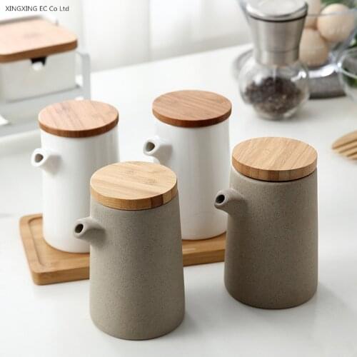 Nordic Ceramic Soy Sauce Seasoning Bottle Wooden Tray Ceramic Vinegar Bottle Oiler Household Set Combination Kitchen Supplies