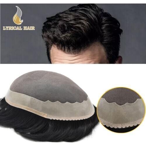 Fine Mono Mens Toupee Poly Around Hair System Black Remy Human Hairpiece Druable NPU Wig Replacement for Men Light to Medium