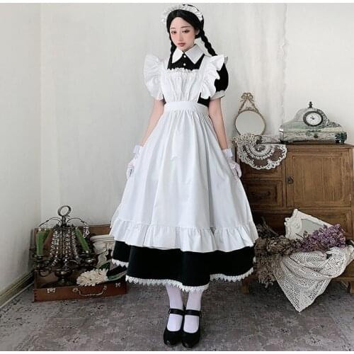 Japanese Style Lolita Uniform Middles Ages Vintage Style Traditional Maid Outfit Ruffle Lace Long Sleeve High Waist Apron Dress