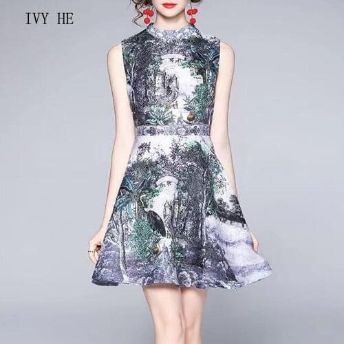 IVY HE High Quality Summer Dress Woman Clothing 2021 Elegant Landscape Printed A-Line Midi Dress Traf ZAfu Vintage Party Dresses