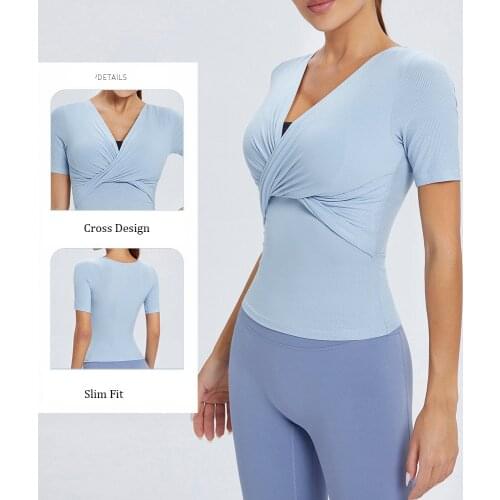 V-Neck Yoga Shirts Women Sports Short Sleeve T-Shirts Front Cross Fitness Tights Stretchy Sexy Cop Tops Gym Clothing Sportswear