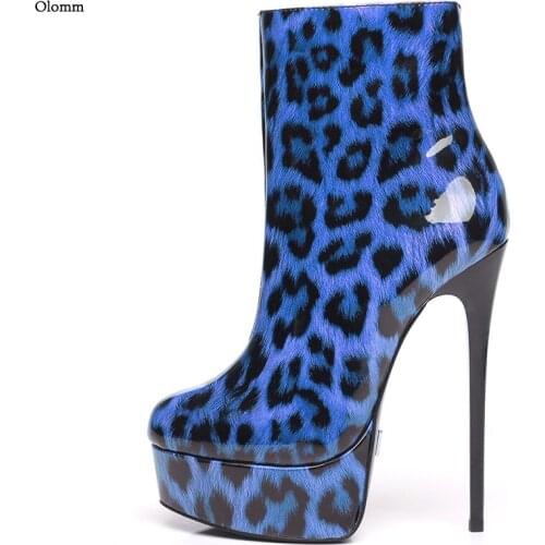 Olomm Handmade Women Winter Leopard Ankle Boots Stiletto High Heels Round Toe Gorgeous Blue Brown Grey Shoes Plus US Size 5-20