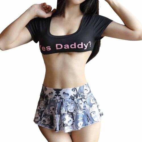Womens Sexy Role Play Costumes Short Sleeve Square Neck Tank Top with Anime Print Mini Hot Skirt Exotic Set Nightwear Sleepwear