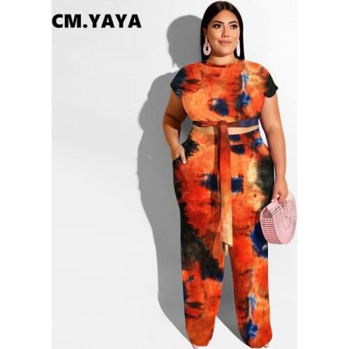 CM.YAYA Women Plus Size Set Tie Dye Short Sleeve Bandage Crop Tops Pockets Pants Two 2 Piece Sets Tracksuit Summer Outfits 2021