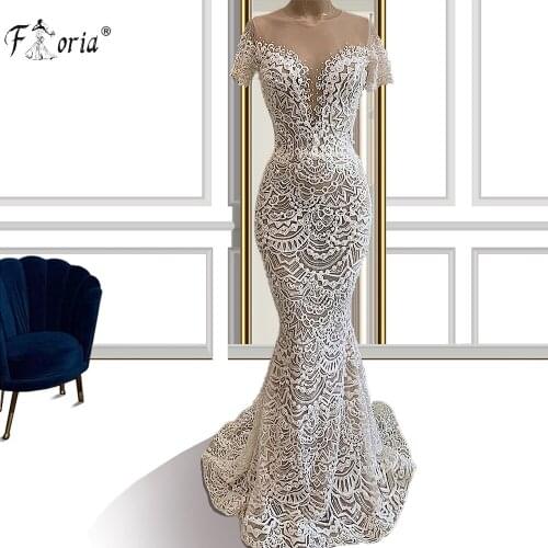 Illusion White Lace Mermaid Evening Dresses 2021 Deep V Neck Short Sleeves Formal Prom Party Dresses For Women vestidos de festa