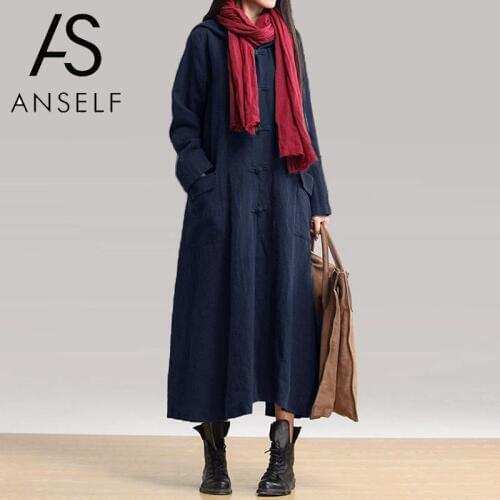 2020 Autumn Coat Women Vintage Outwear Hooded Long Sleeve Loose Windbreaker Cotton Long Tops female tunics Plus Size 5XL