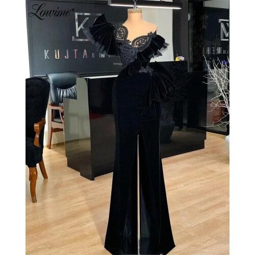 Lowime Black Evening Dresses Plus Size Velvet Party Dress Mermaid Arabic Customized African Long Prom Gowns Vestidos De Festa