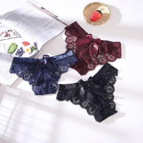 3Pcs G-strings Sexy Cute Bow-knot Adorn Female Thongs Super Elasticity Delicate Beautiful Hollow Soft Fit Lift Lace Woman T-back