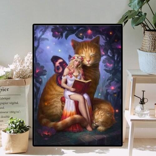 5d Big Cat And Beauty Diamond Painting Full Drill Square Picture Of Rhinestones Diamond Embroidery Woman Animal Nice Gift A471