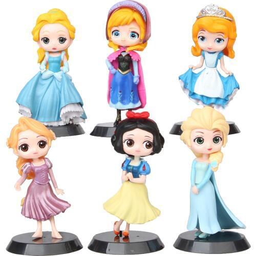 6pcs/set Q Posket Cinderella Snow white rapunzel Elsa Anna Alice PVC Action Figures Toys Qposket Dolls Gift for Girls