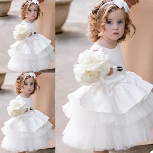 White Elegant Knee Length Flower Girl Dresses for Wedding Tulle Bow Baby Birthday Party Prom Kids Gowns