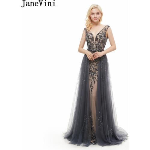JaneVini Gray Tulle Long Bridesmaid 2018 Sexy Deep V Neck Backless Beaded Crystal Mermaid Prom Dress Luxury Formal Party Gowns