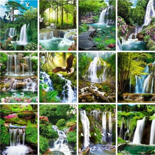 Huacan Full Square/round Diamond Painting Mosaic Waterfall Scenery Diamond Embroidery River Forest Home Decor