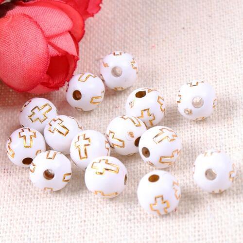 White Vintage Gold Cross Stripe Round Acrylic Spacer Beads For Bracelet Necklace Jewelry Making DIY 8mm 100pcs/lot 2018 New