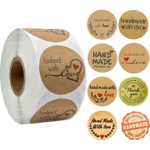 500 Pcs Round Handmade Stickers Rolls Scrapbooking for Package Adhesive Natural Kraft Thank You Sticker Seal Labels Stationery