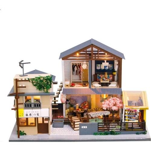 Doll House Furniture Kit DIY LED Light Japanese Style Courtyard Miniature Wooden Building Kits Dollhouse Toys for Kids Xmas Gift