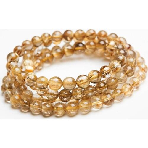Genuine Brazilian Natural Gold Hair Needle Rutilated Quartz Crystal Round 108 Beads Charm Three Laps Bracelet