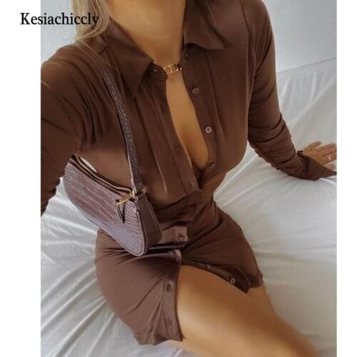 Kesiachiccly Slim Women Shirt Dress Office Lady Long Sleeve V-Neck High Waist Mini Dress Solid Black Button Shirt Short Dress