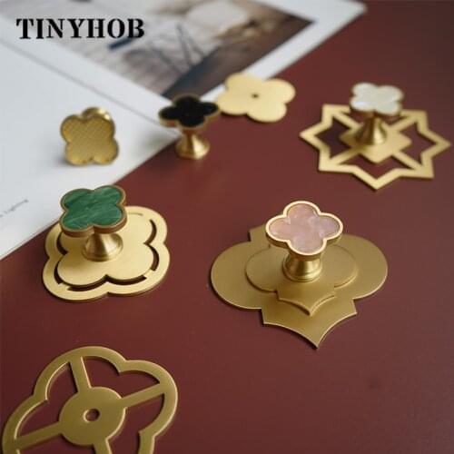 DIY Solid Brass Knob Hook with Baseplate White Drawer Cupboard Handles for Furniture Four Leaf Clover Shape Cabinet Hardware