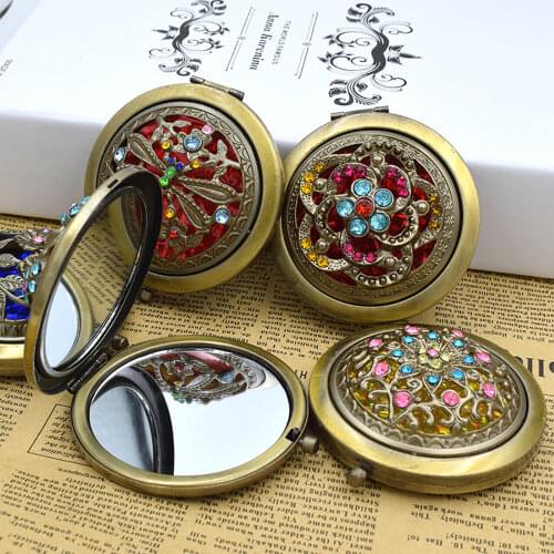 1pc Foldable Metal Bronze Makeup Mirror Hollow out round Pocket Mirror Portable Double Sided Retro Style Mirror Makeup Tools