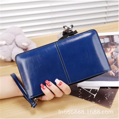 Womens wallet new oil wax skin ladies long purse female zipper Mobile phone wallet Korean version of the large-capacity clutch