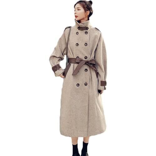 2021 Autumn Winter Stand Collar Double Breasted Leather Stitching Milk Tea Color Woolen Coat For Women Jackets 85b