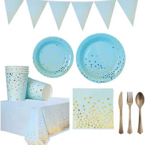 Gold Blue Disposable Tableware Paper Plate Cup Napkin Banner Wedding Baby Shower kids boy 1st Birthday Party Decor supplies