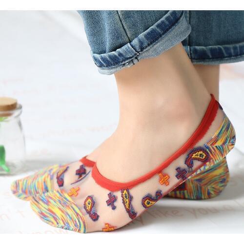 2 Pairs/Lot Woman Spring Chinese Restored Tie-Dye Embroider Crystal Silk Sock Slippers Ladies Thin Casual Invisible Boat Socks