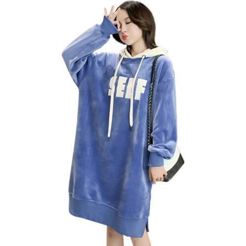 2019 Winter New Style Gold Velvet Plus Velvet Padded Pregnant Womens Hoodie Mid-length Loose-Fit Slit Hoodie Skirt