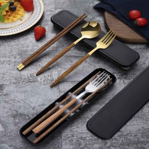 3pcs Set Portable Tableware Chopsticks Fork Spoon Set Wooden Chopsticks Outdoor Student Stainless Steel Dinnerware Set With Box