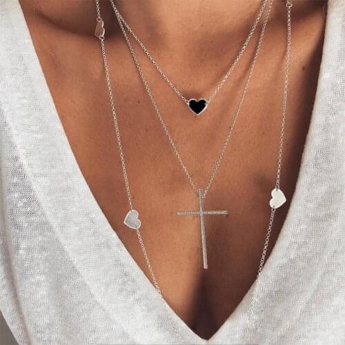 3 Pcs/Set Bohemian Cross Heart Love Gem Chain Multilayer Necklace Women Charm Silver Color Necklace Set Party Wedding Jewelry