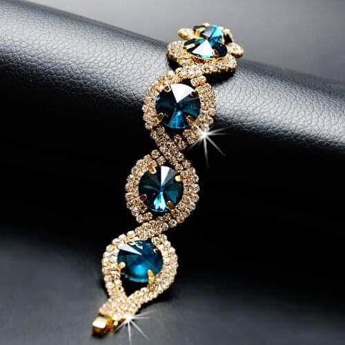 MOONROCY Gold Color Bracelet Blue Crystal CZ Round Simple Party Trendy Vintage Jewelry for Women Gift Wholesale Dropshipping