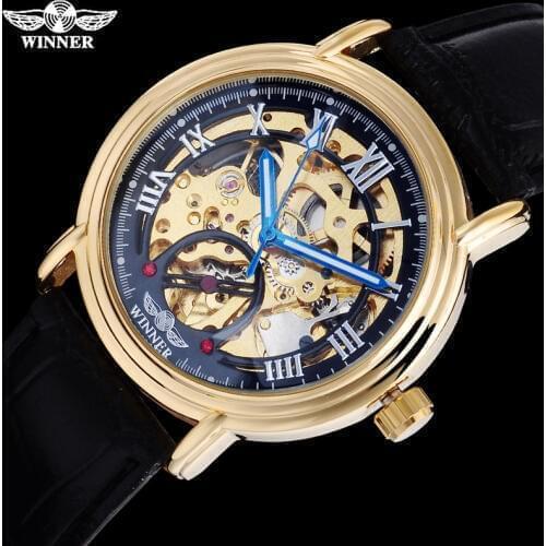 WINNER fashion casual brand men mechanical watches leather strap mens automatic skeleton gold watches male clock reloj hombre