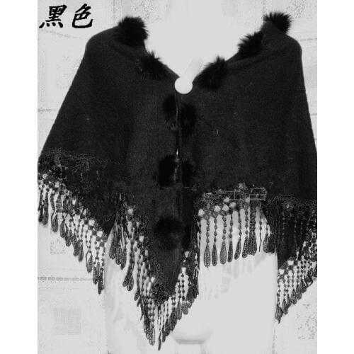 Black Womens Triangle Cashmere Coney-Fur Shawl Scarf Plush Ball With Tassels Warm Muffler Cape Mujer Bufanda
