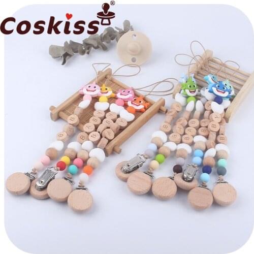 Coskiss New Style Custom Baby Name Nipple Chain Cartoon Silicone Bead Shark Teether Infant Newborn Teether Pacifier Chain
